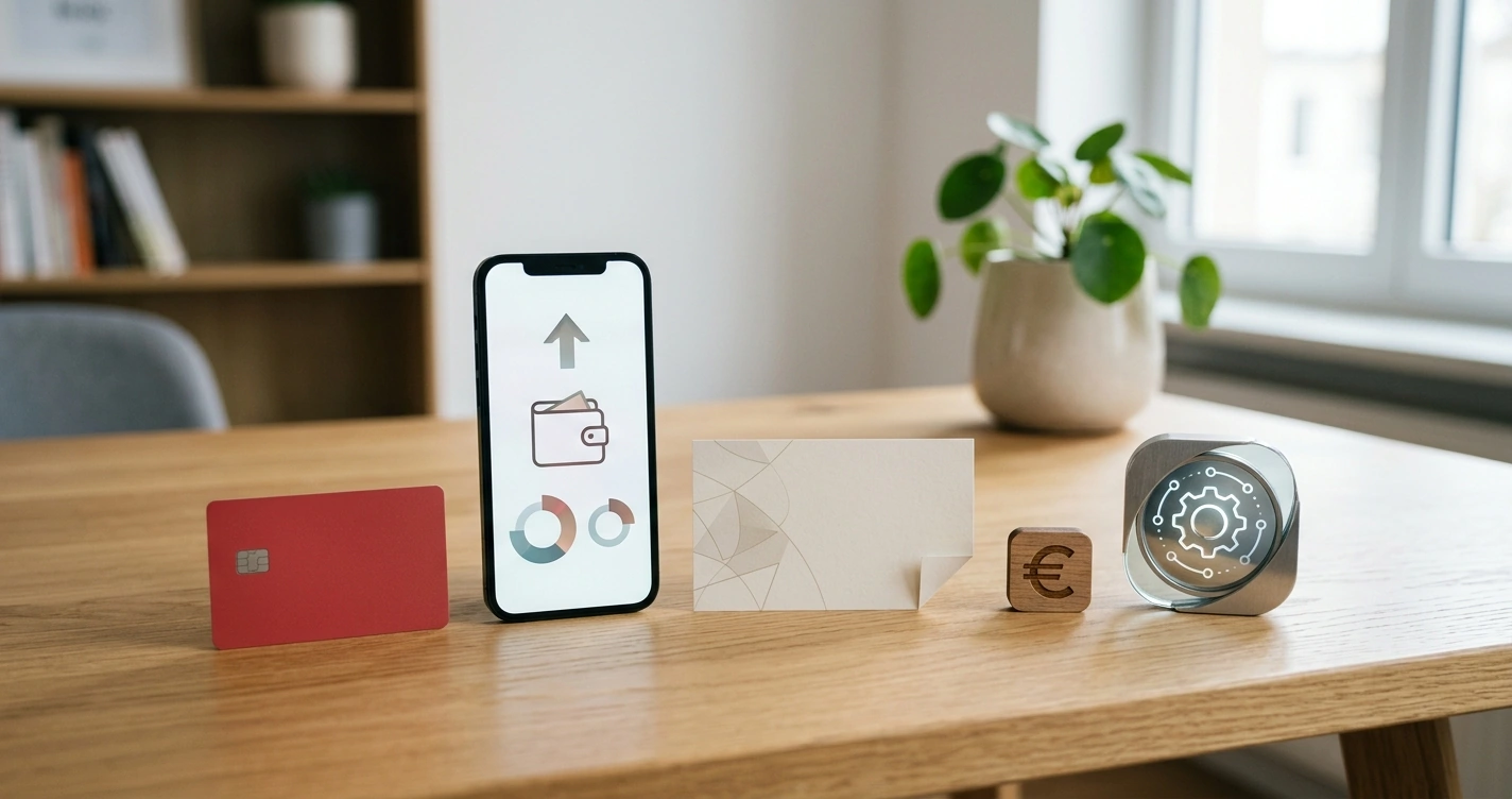 Illustratie van eurobetalingen via kaart, bankoverschrijving, e-wallet, voucher en crypto