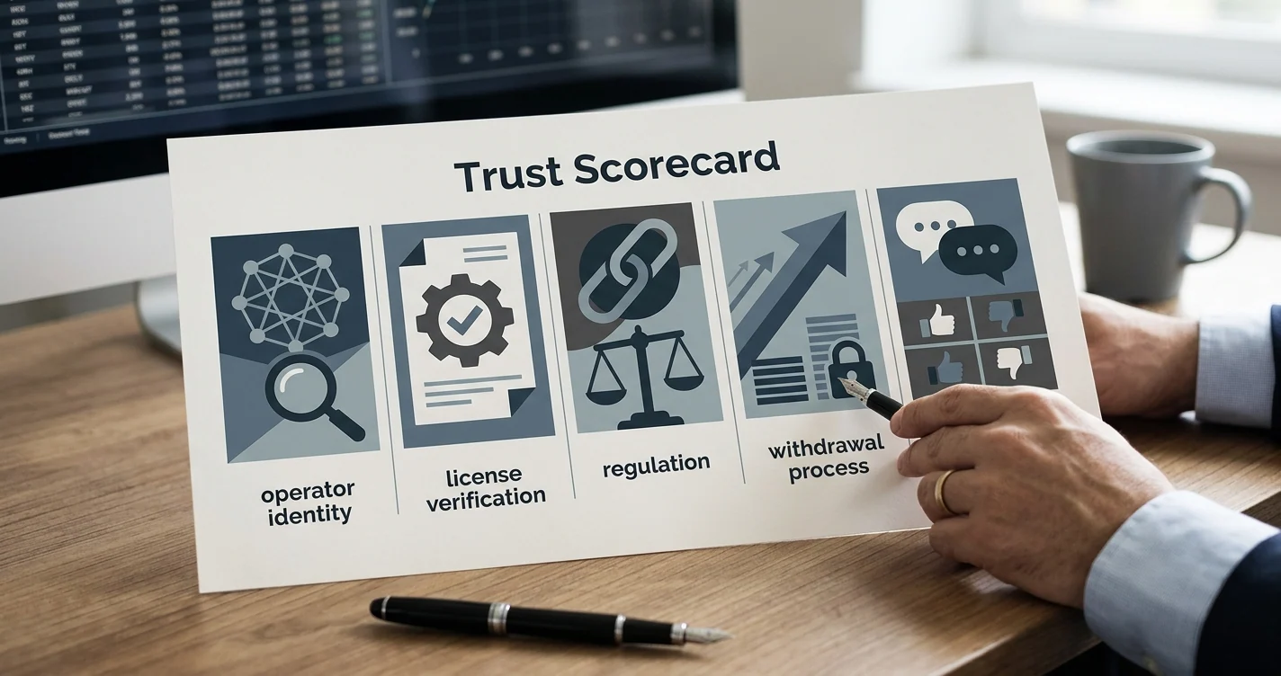 Neutrale redactionele scorecard voor operator, licentie, regelgeving, uitbetaling en reviews