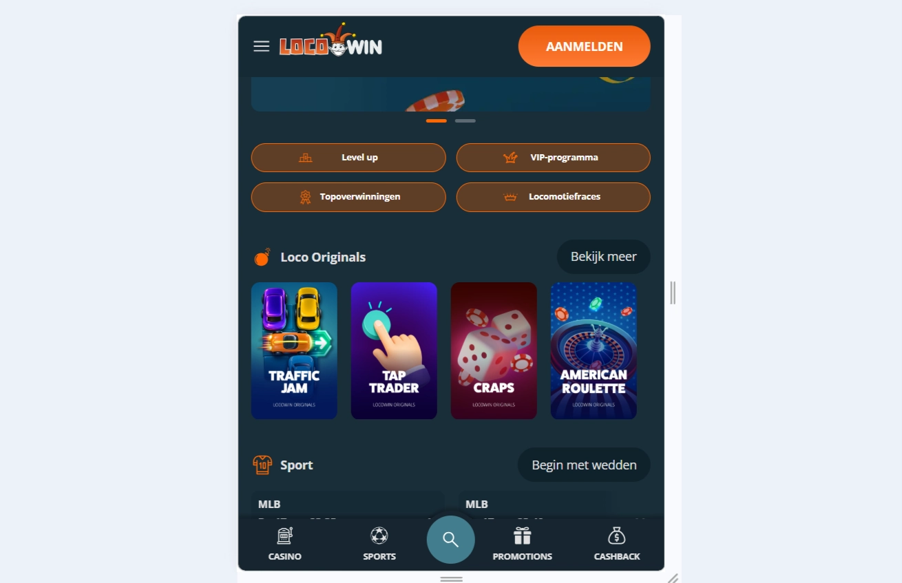 Locowin homepage op een smalle mobiele browserweergave
