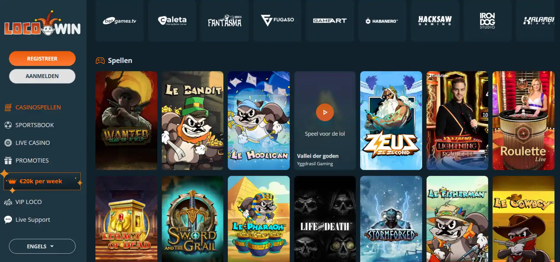 Actuele Locowin game-lobby met casinocategorieën en zichtbare navigatie