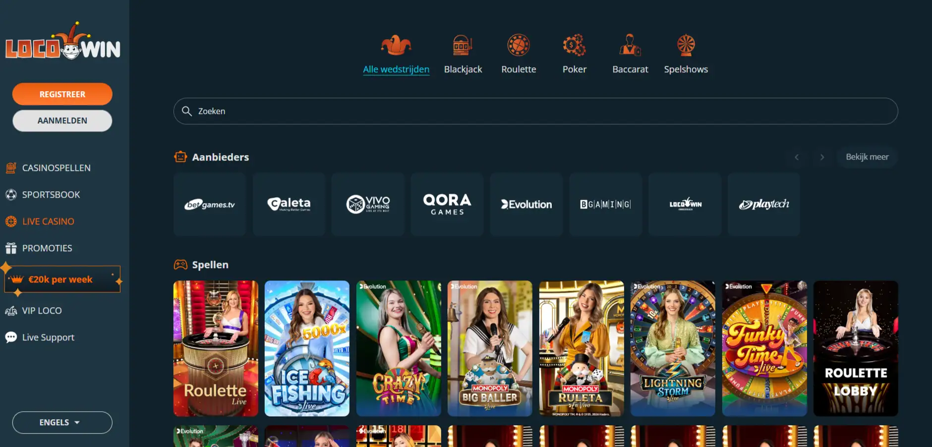 Actuele Locowin live-casino lobby met zichtbare tafelcategorieën