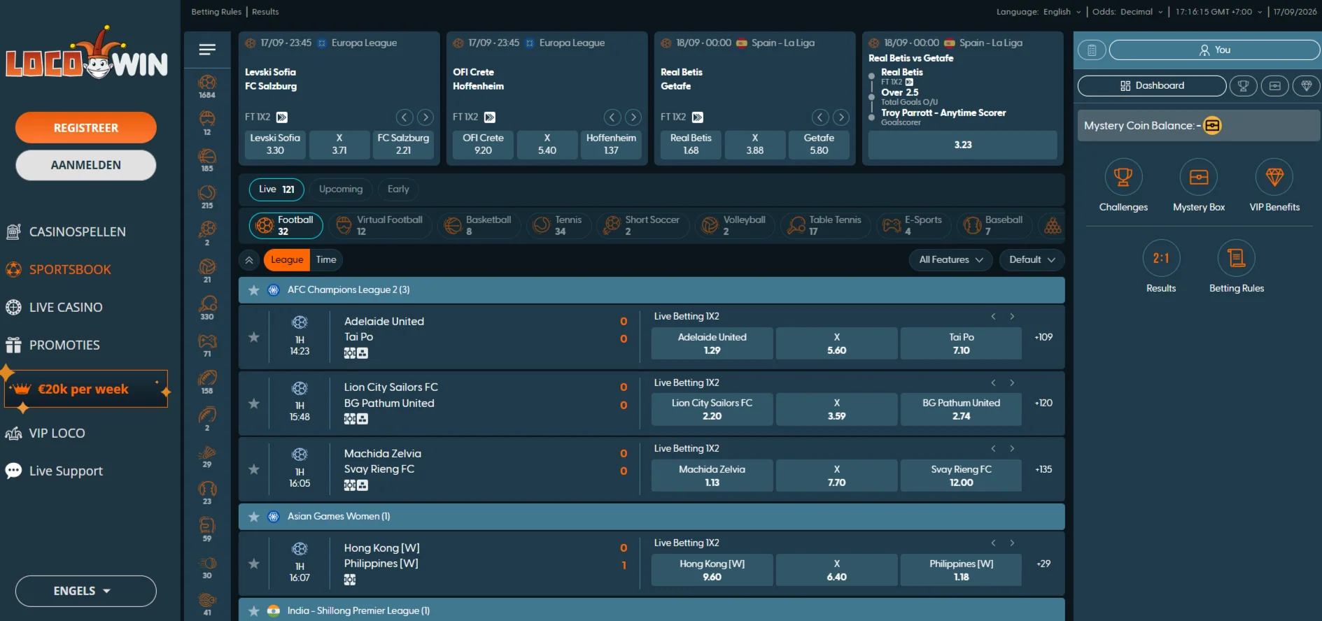 Actuele Locowin sportsbook-interface met sportnavigatie