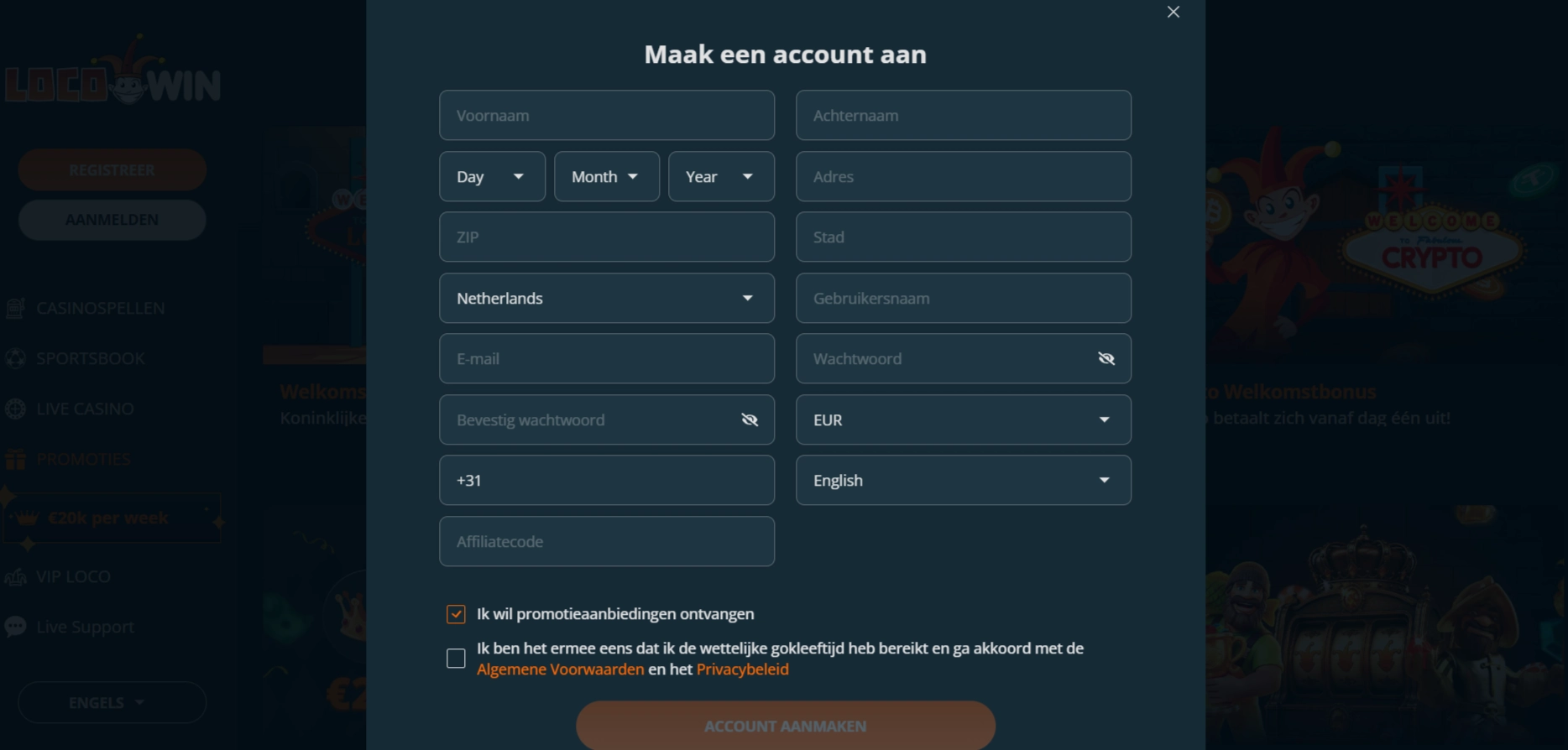 Actuele Locowin registratie-interface zonder ingevulde persoonsgegevens