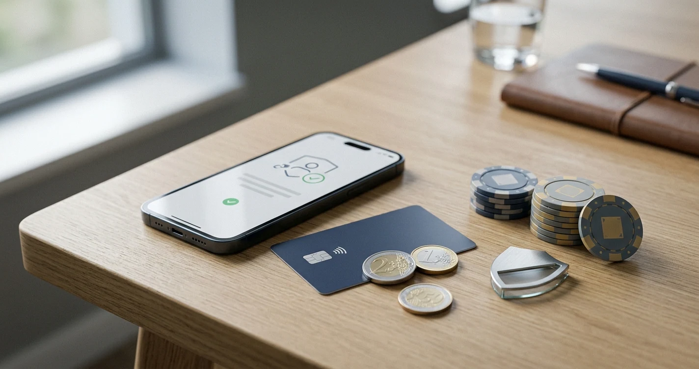 Redactionele illustratie van casino-evaluatie met euro, smartphone, betaling en verificatie